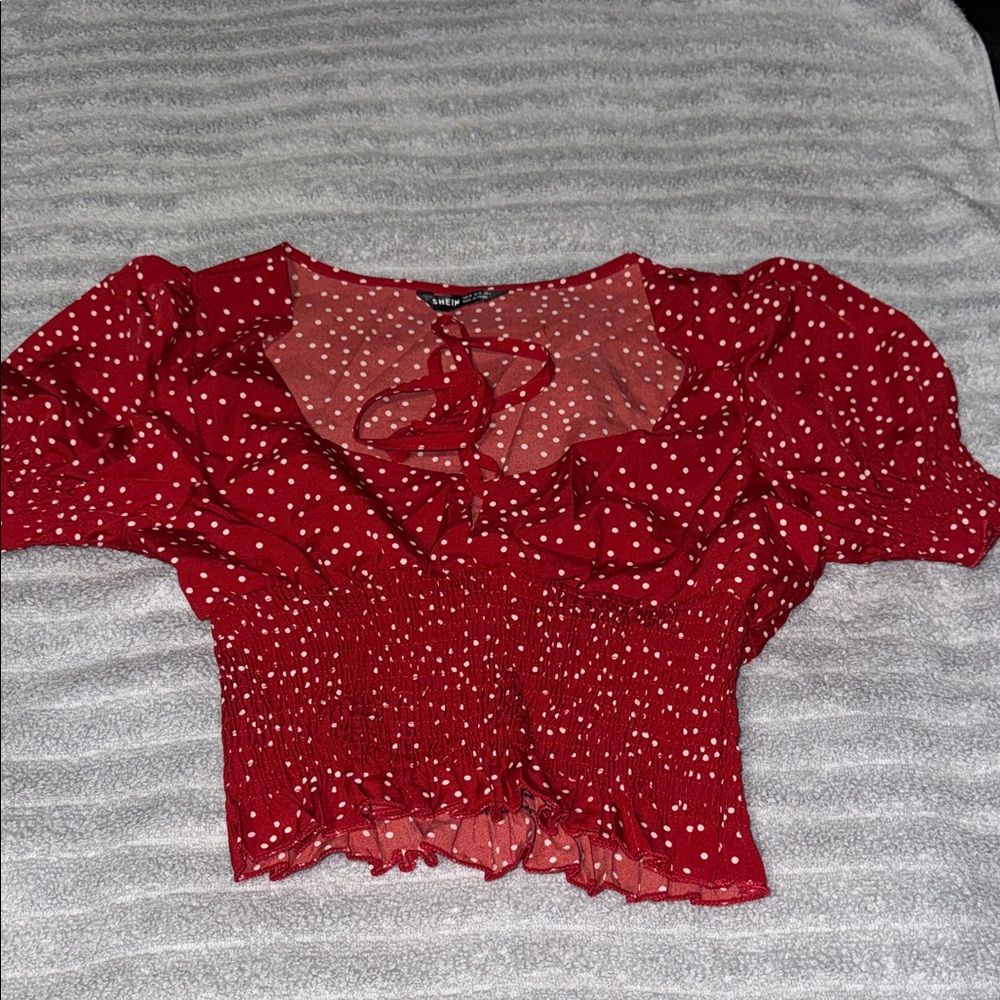 SHEIN Red and White Polka Dot Blouse